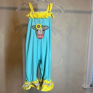 Busy Bees Smock turquoise Sleeveless Overall Sz:3T| Cute Floral & Cow|Summer